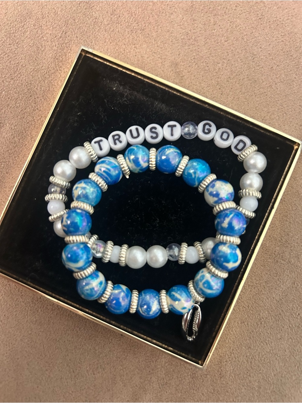 Trust God Blue Marbled Beaded Stretch Bracelet Set